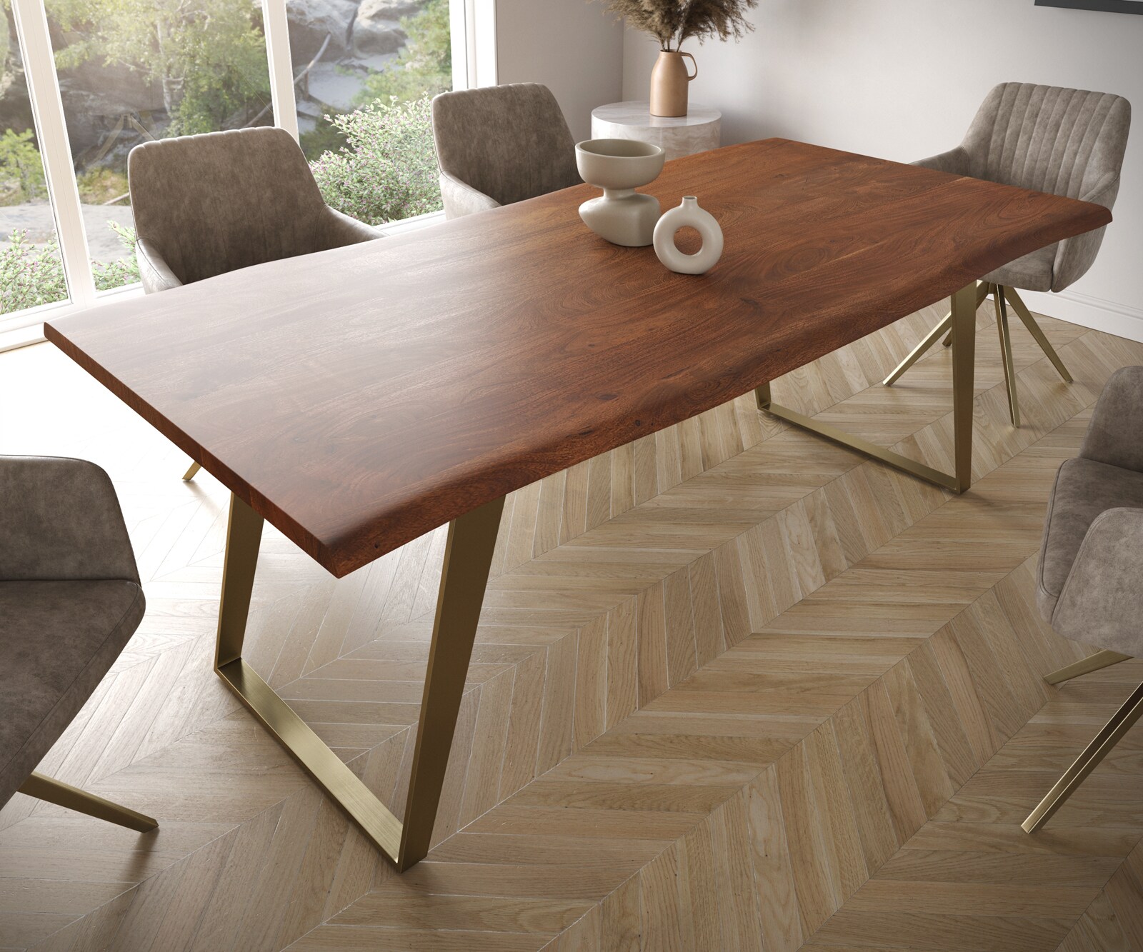 Esstisch Edge 200x100 Akazie Braun Edelstahl Gold Schräg Live-Edge 4