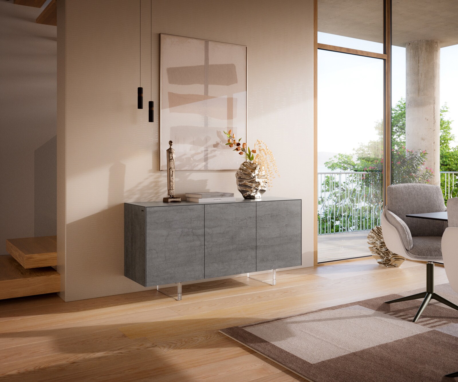 Sideboard Cuor 150 cm Keramik Beton Grau 3 Türen Fuß Schwebeoptik Acrylglas 1