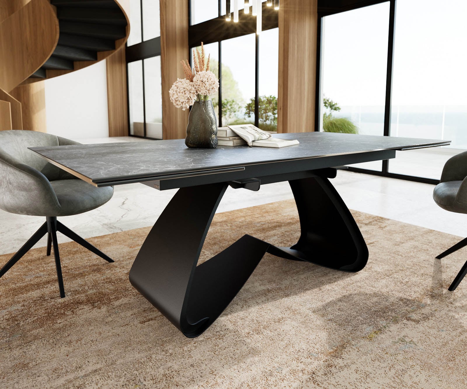 Esszimmertisch Edge Keramik Laminam®Nero Greco Anthrazit 200-300x100 W-Gestell Schwarz ausziehbar