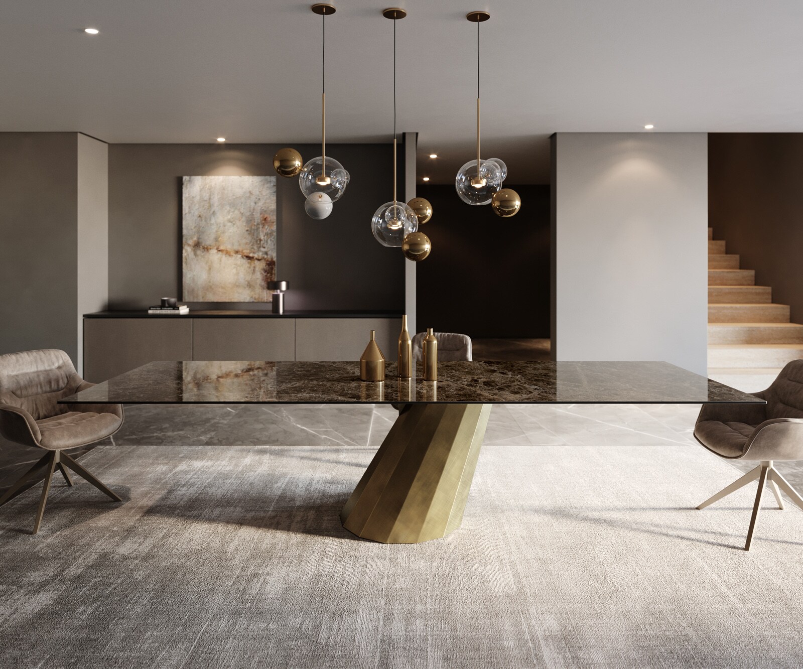 Esstisch Edge 300x100 Keramik Laminam® Emperador Extra Lucidato Dunkelbraun Parabel Metallic Gold 1