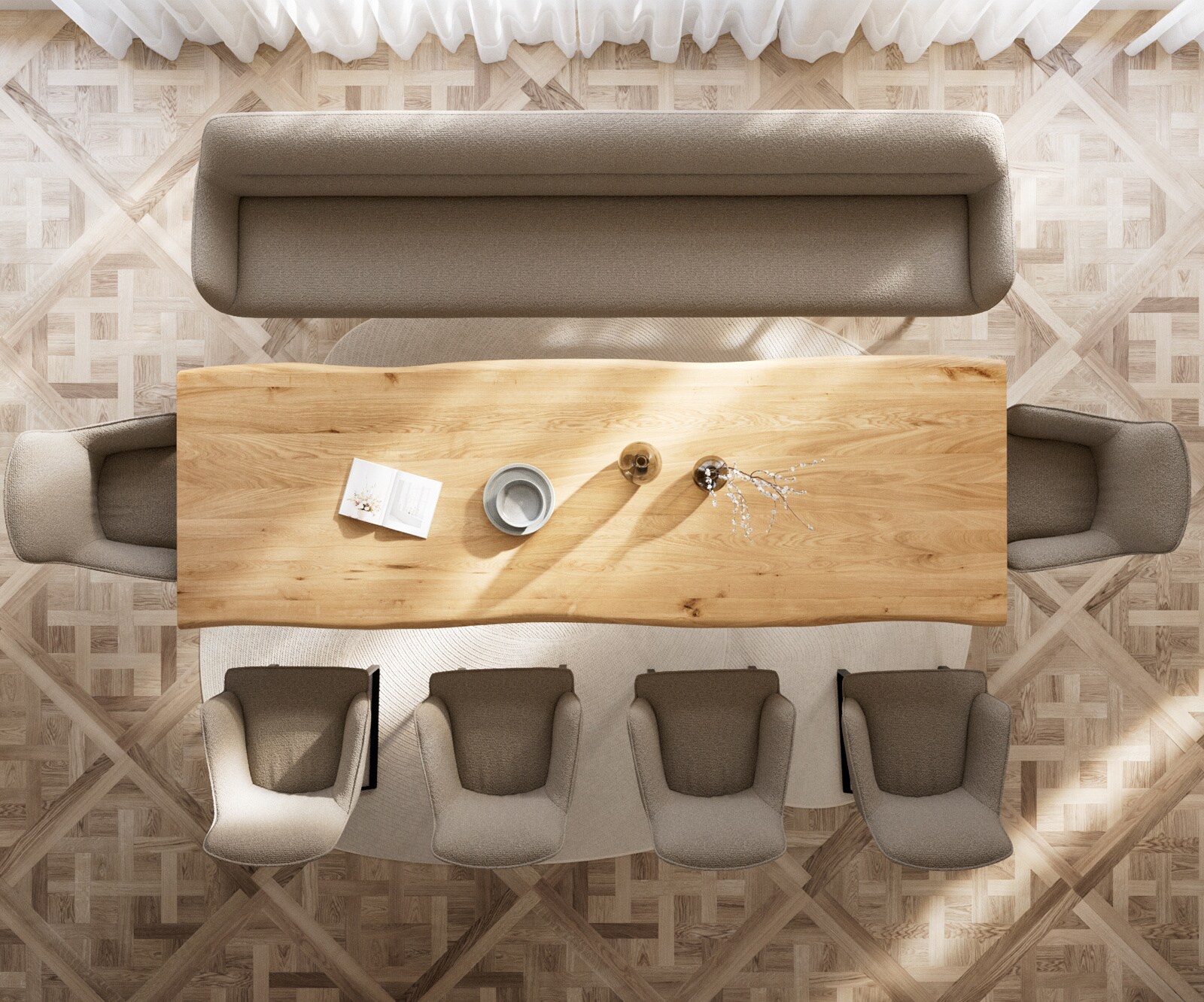 Esszimmerbank Taya-Flex 300 cm Bouclé Schlamm Kufengestell flach Schwarz Taschenfederkern 5