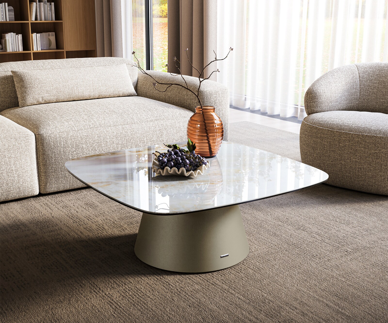 Couchtisch Edge Boot 90x90 cm Keramik Onyx Pearl Borna Effektfinish Titan
