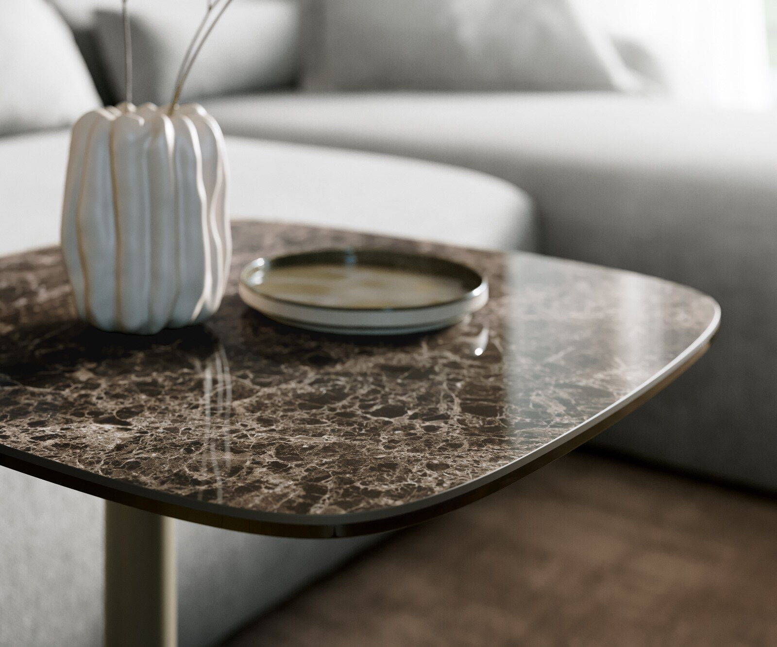 Beistelltisch Edge Boot 50x50 cm Keramik Emperador Extra Lucidato Dunkelbraun Eleny Metall Effektfinish Titan 5