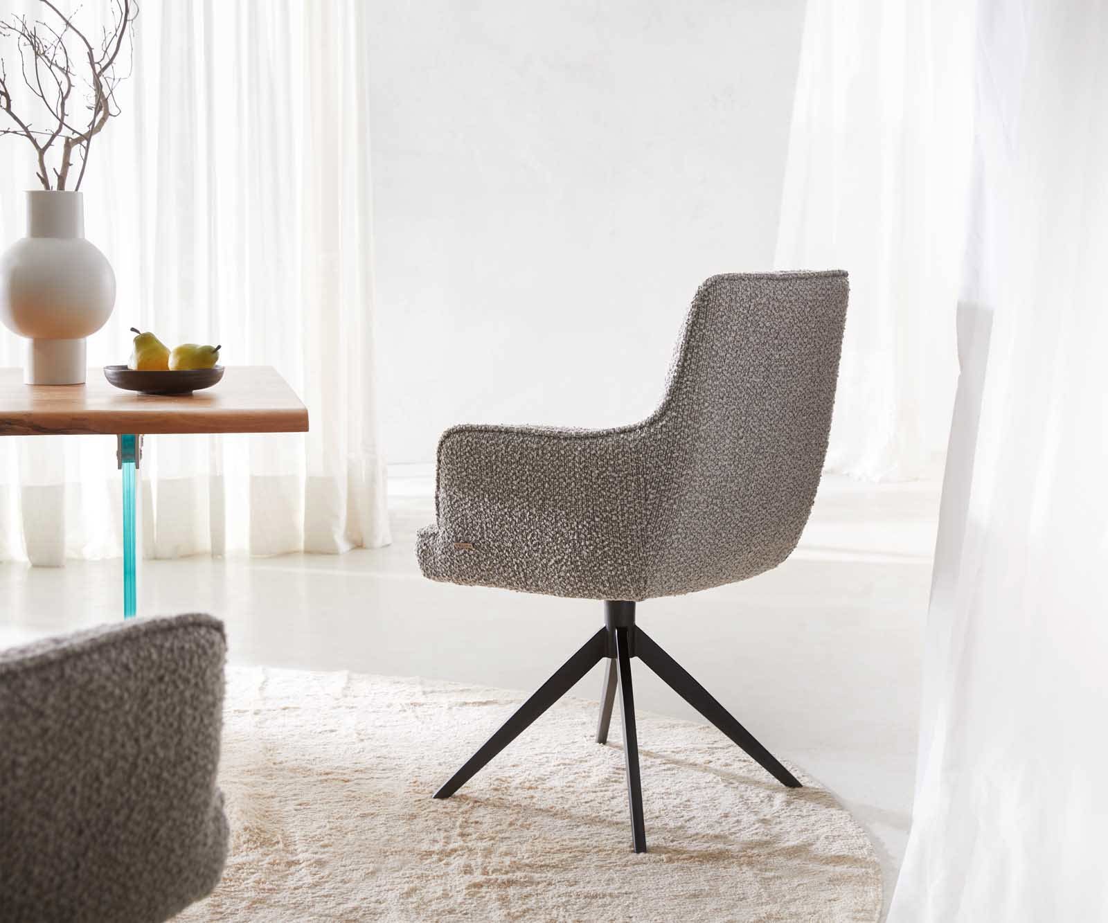 Drehstuhl Heira-Flex mit Armlehnen Bouclé Silbergrau Kreuzgestell breit Schwarz 360° drehbar Taschenfederkern 5