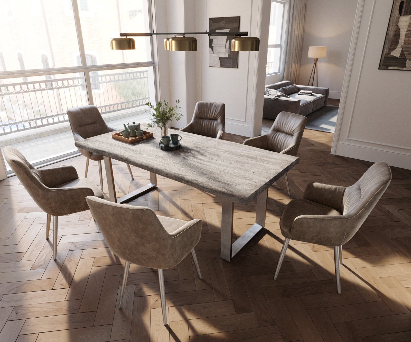 Esszimmerstuhl Zelia-Flex mit Armlehnen Mikrofaser Taupe Vintage 4-Fuß konisch Edelstahl Taschenfederkern 4