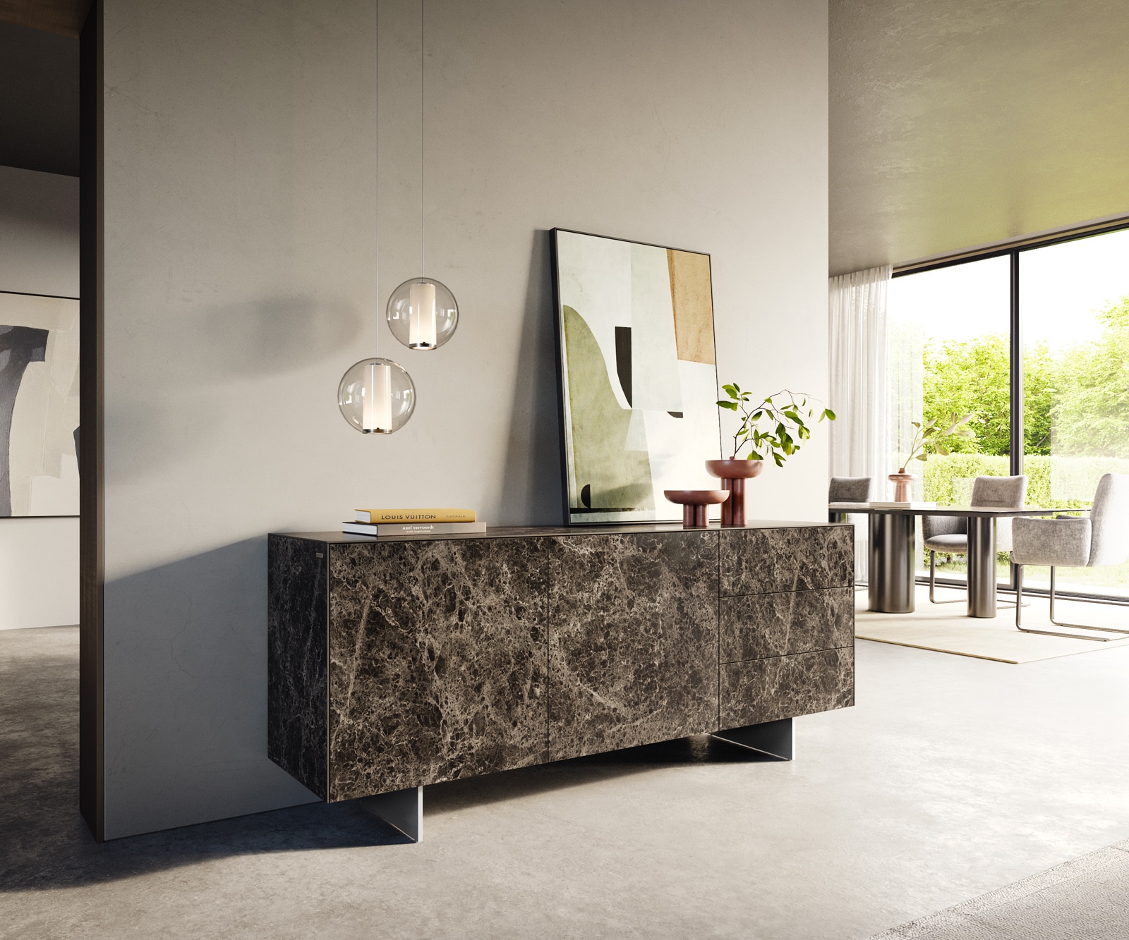 Sideboard Cuor 180 cm Keramik Emperador Extra Lucidato Dunkelbraun 2 Türen 3 Schubfächer Fuß Schwebeoptik Edelstahl