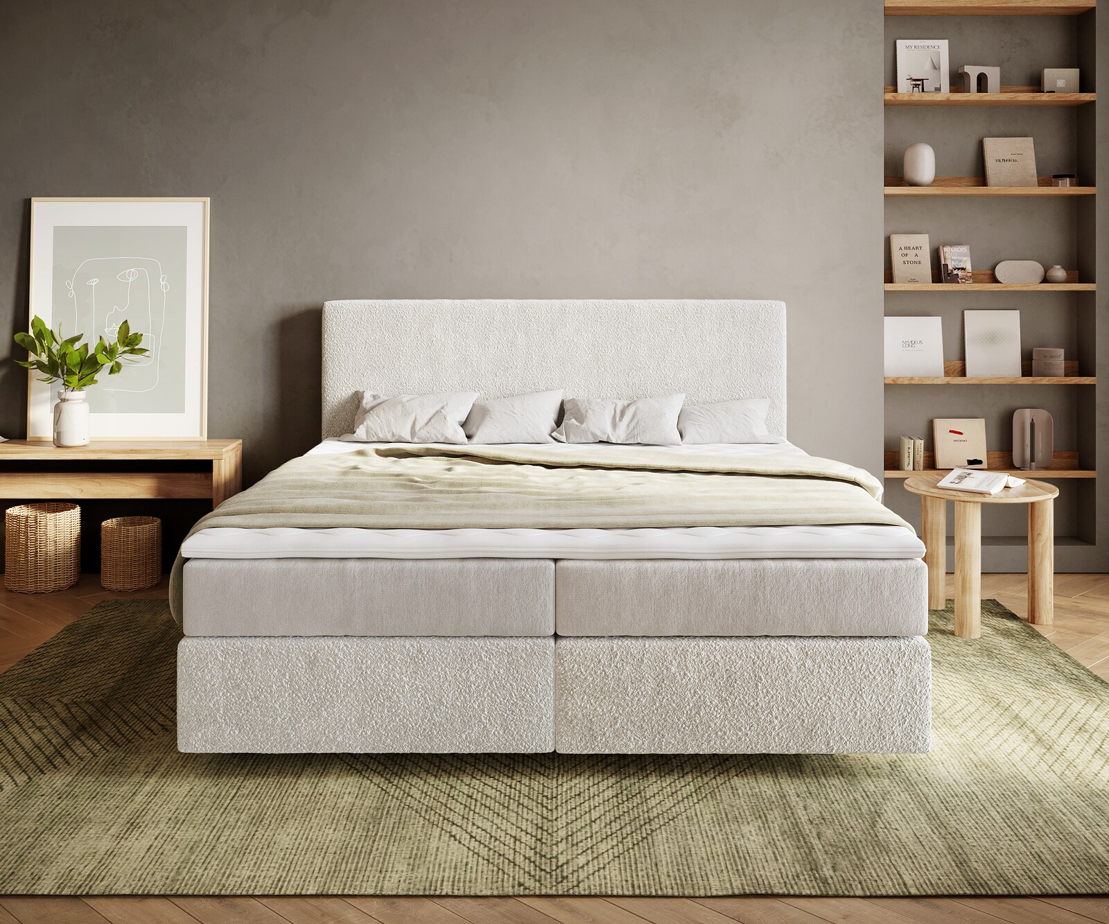 Boxspringbett Dream-Well 180x200 cm Bouclé Creme-Weiß mit Taschenfederkernmatratze und Topper Visco 1
