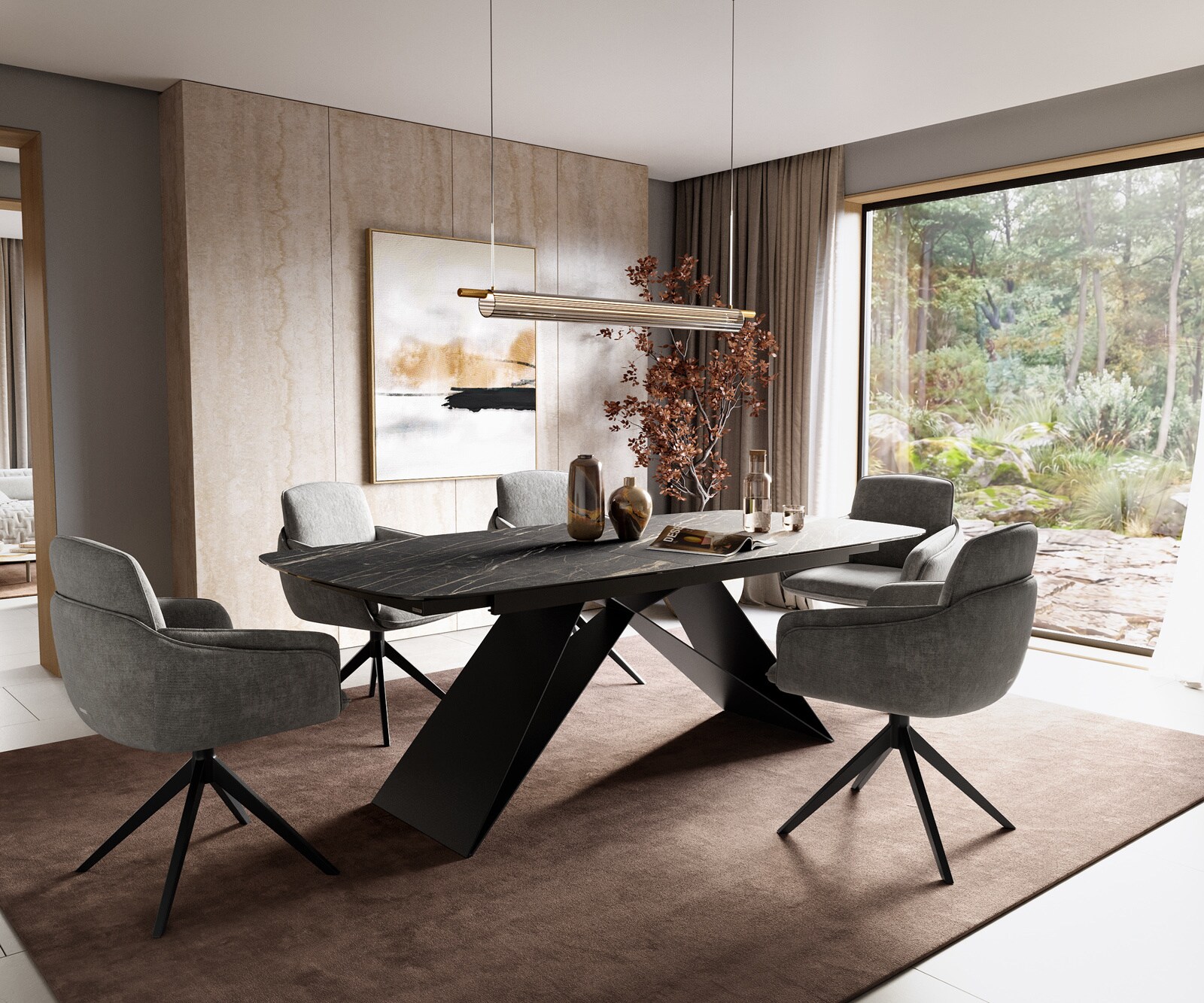 Esstisch Edge Boot 180-220x100 cm Laminam® Keramik Noir Desir Braun V-Gestell Flachstahl Schwarz ausziehbar 6