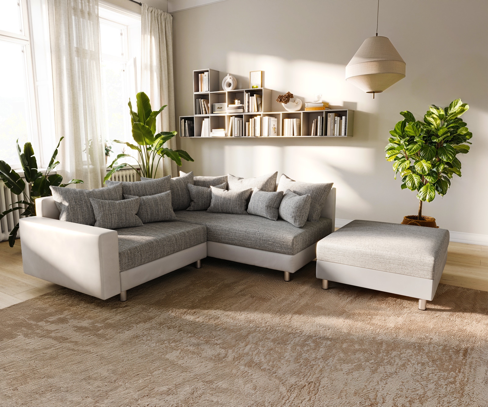 Ecksofa Clovis Weiss Hellgrau modular Hocker Armlehne Ottomane Rechts günstig online kaufen