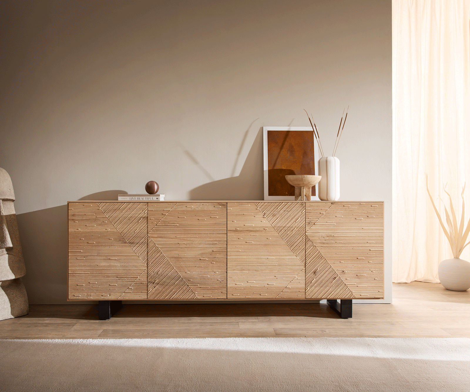 Sideboard Tereos 200 cm Eiche Natur 3D Effekt 4 Türen Kufe Metall Schwarz 4