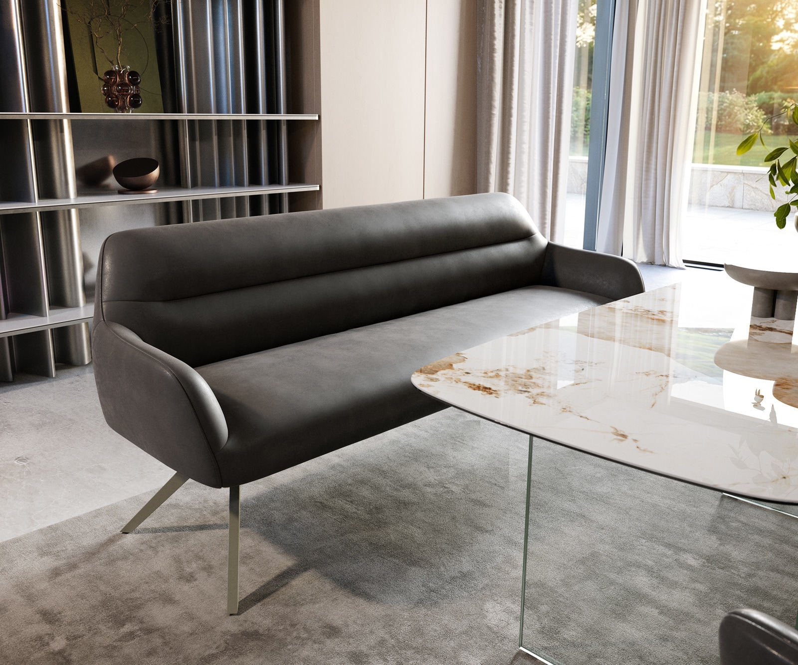 Esszimmerbank Taya-Flex 200 cm Mikrofaser Anthrazit Vintage Kreuzgestell kantig Effektfinish Titan Taschenfederkern