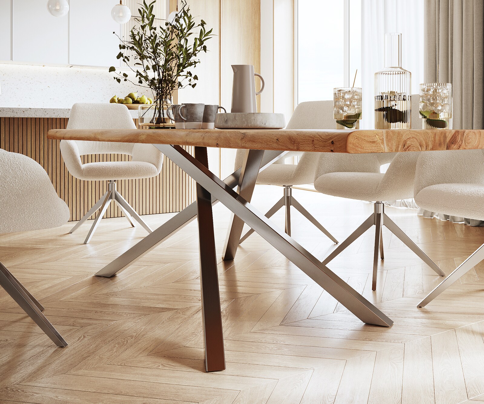 Esstisch Edge 280x100 XL Akazie Natur Kreuzgestell Rechteck Edelstahl Live-Edge 5