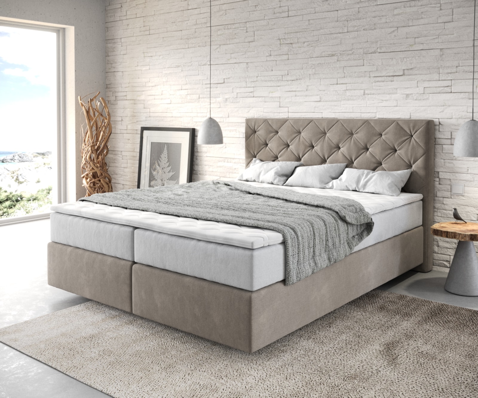 Boxspringbett Dream-Great 160x200 cm Mikrofaser Beige mit TFK Matratze und Visco Topper Boxspringbett Dream-Great 160x200 cm Mikrofaser Beige mit TFK Matratze und Visco Topper