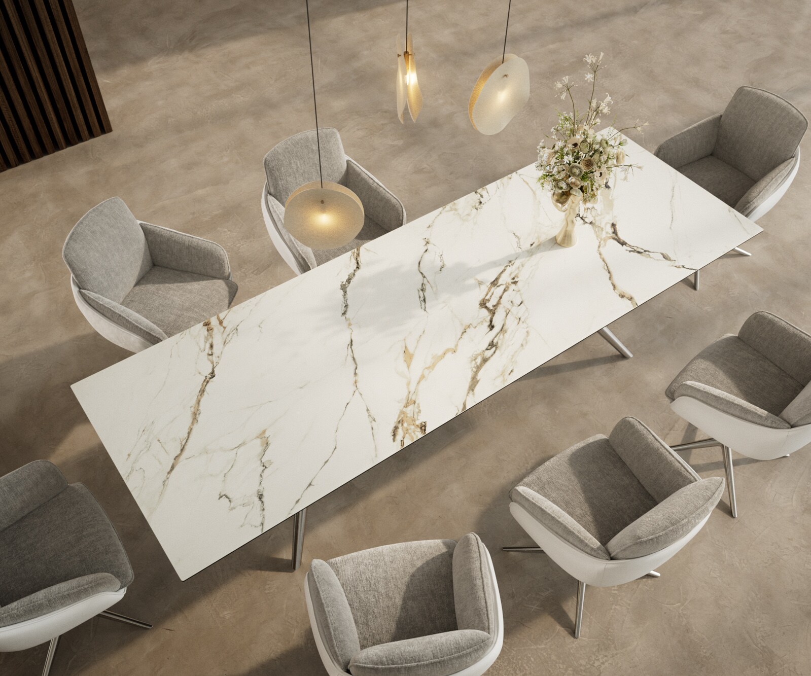Esstisch Edge 300x100 Keramik Calacatta Luxe Weiß-Gold-Grau Estelar rund Edelstahl 3