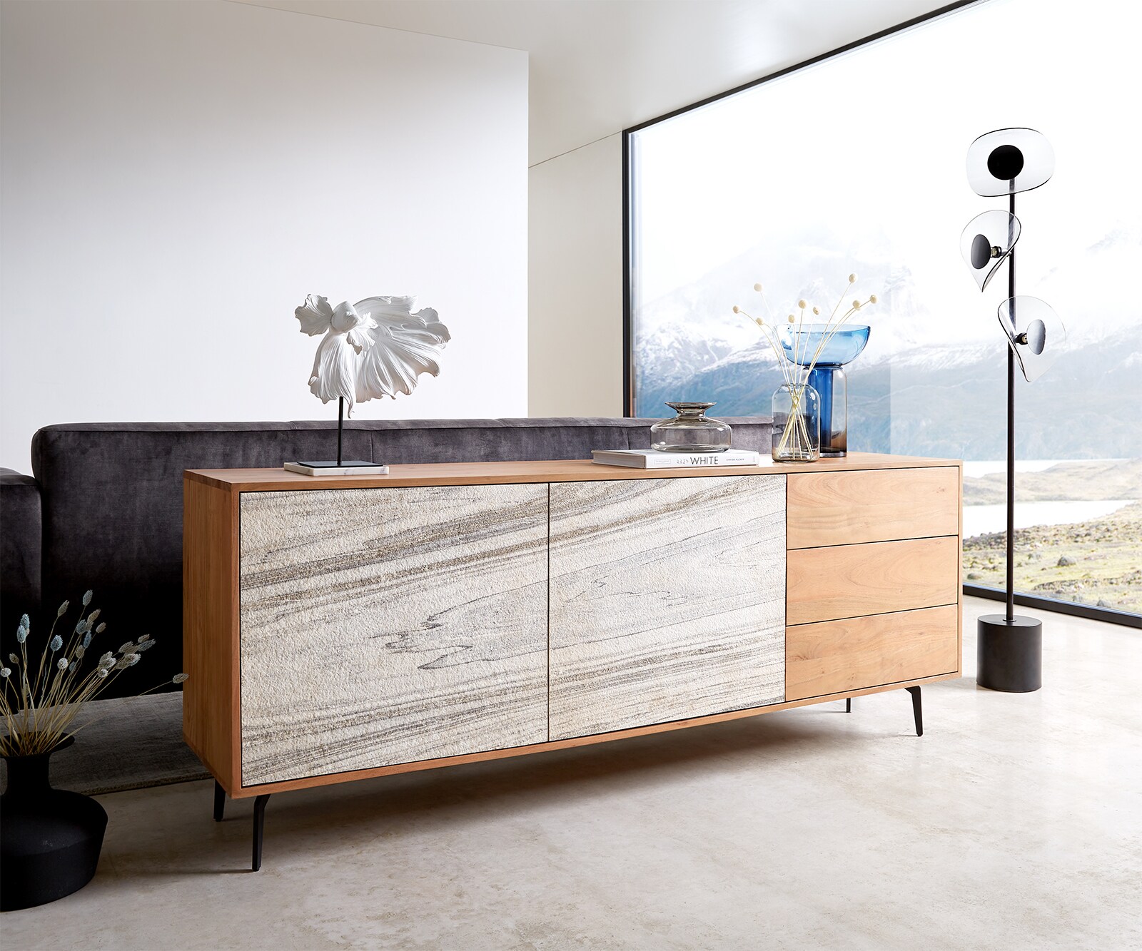 Sideboard Kleo Akazie Natur Echtsteinplatte weiss 1
