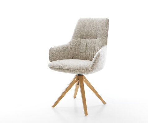 Drehstuhl Zelia-Flex mit Armlehnen Webstoff Soft Beige Holzgestell kantig Natur 360° drehbar Taschenfederkern