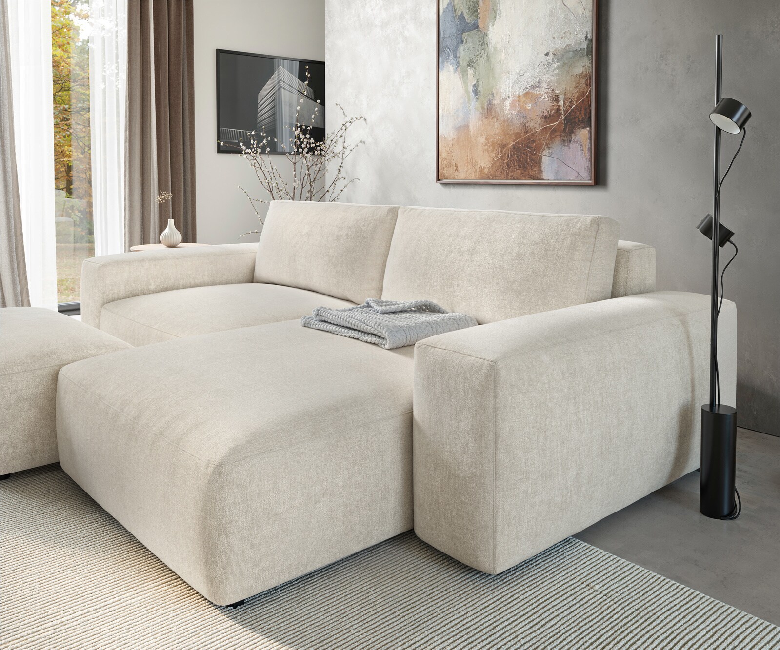 Ecksofa Lanzo XL 270x180 cm Strukturstoff Soft Beige Recamiere variabel mit Hocker 4