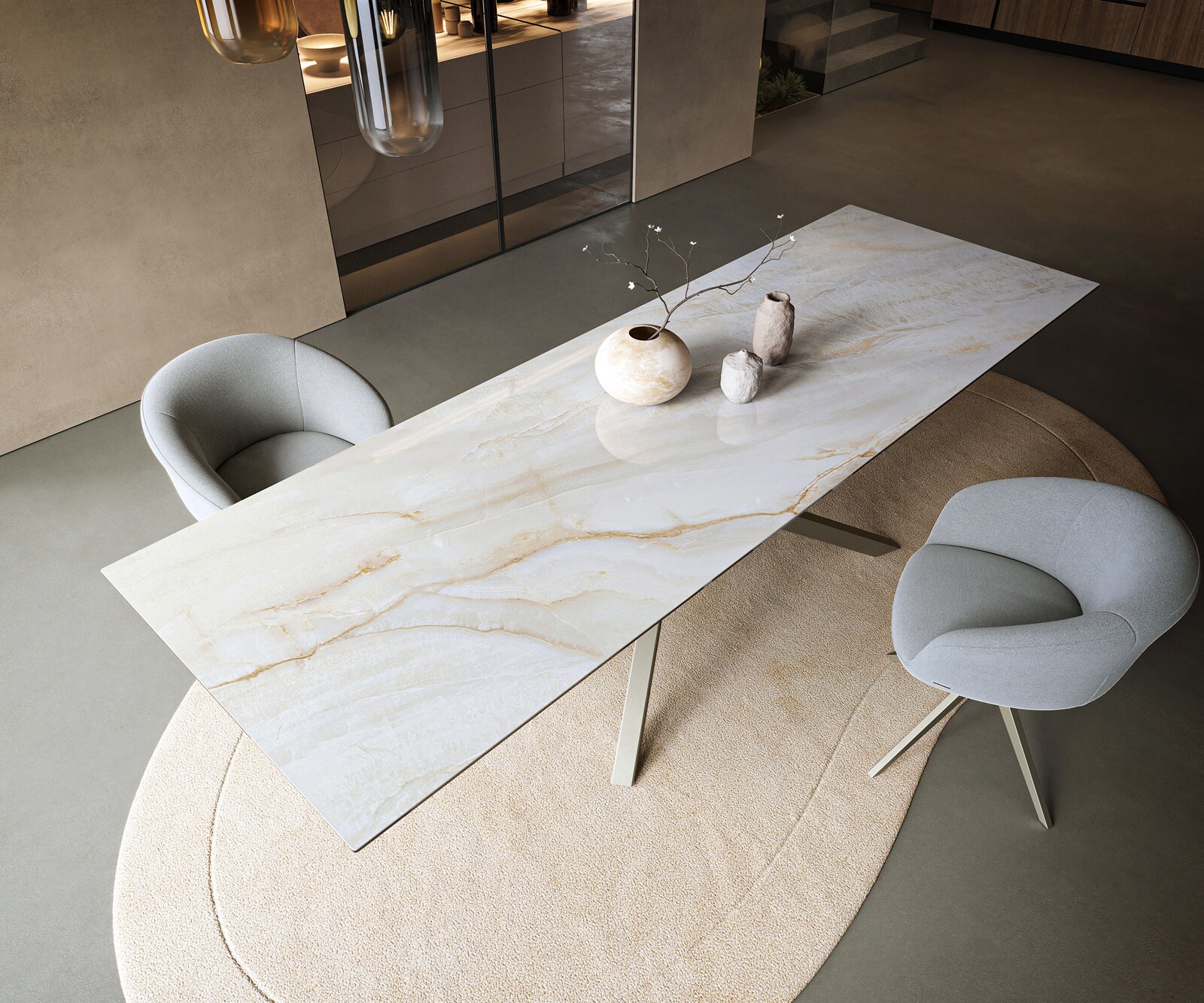 Esstisch Edge 300x100 cm Keramik Onyx Pearl Kreuzgestell Rechteck Effektfinish Titan 3
