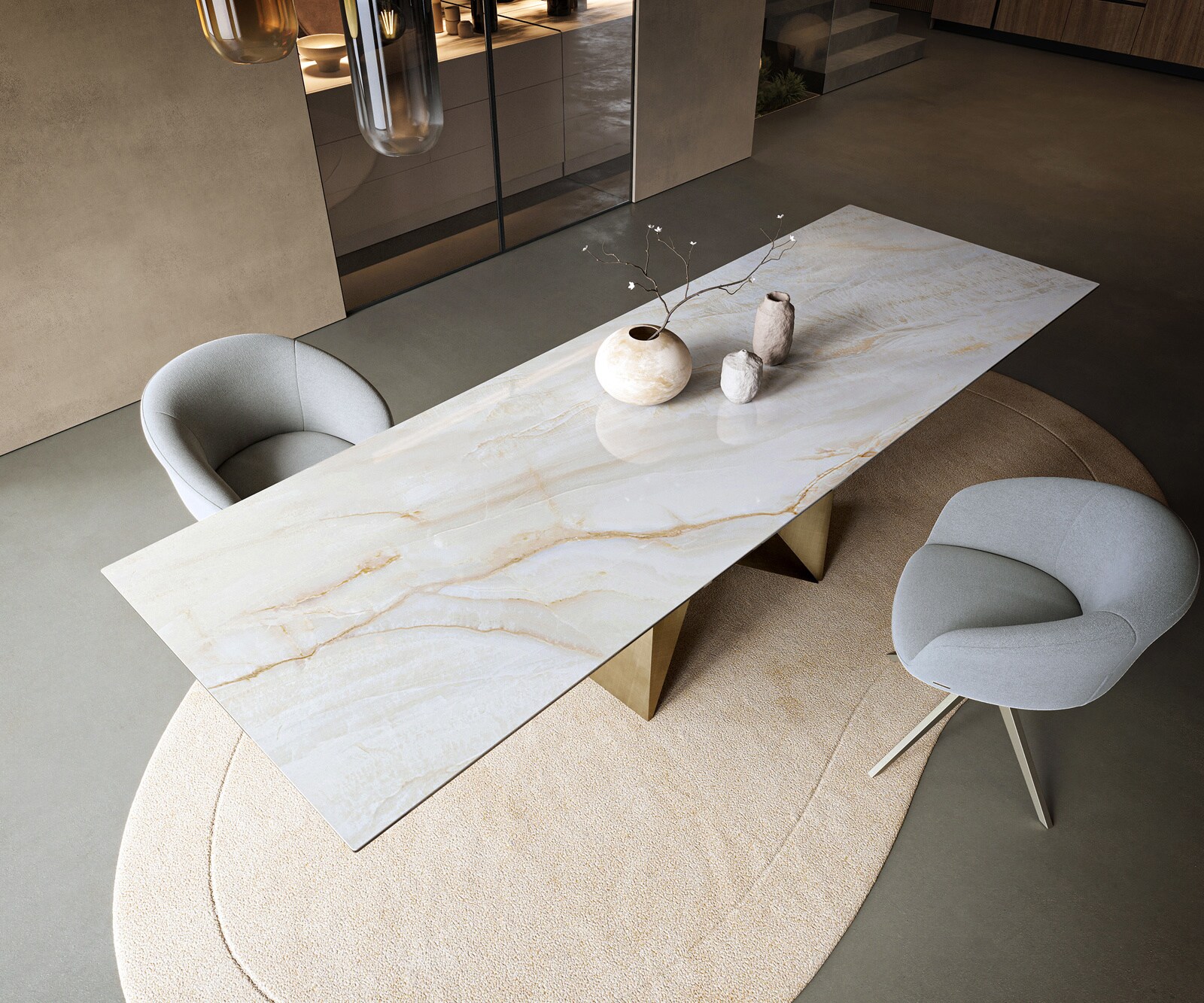 Esstisch Edge 300x100 cm Keramik Onyx Pearl Origami Metallic Gold 4