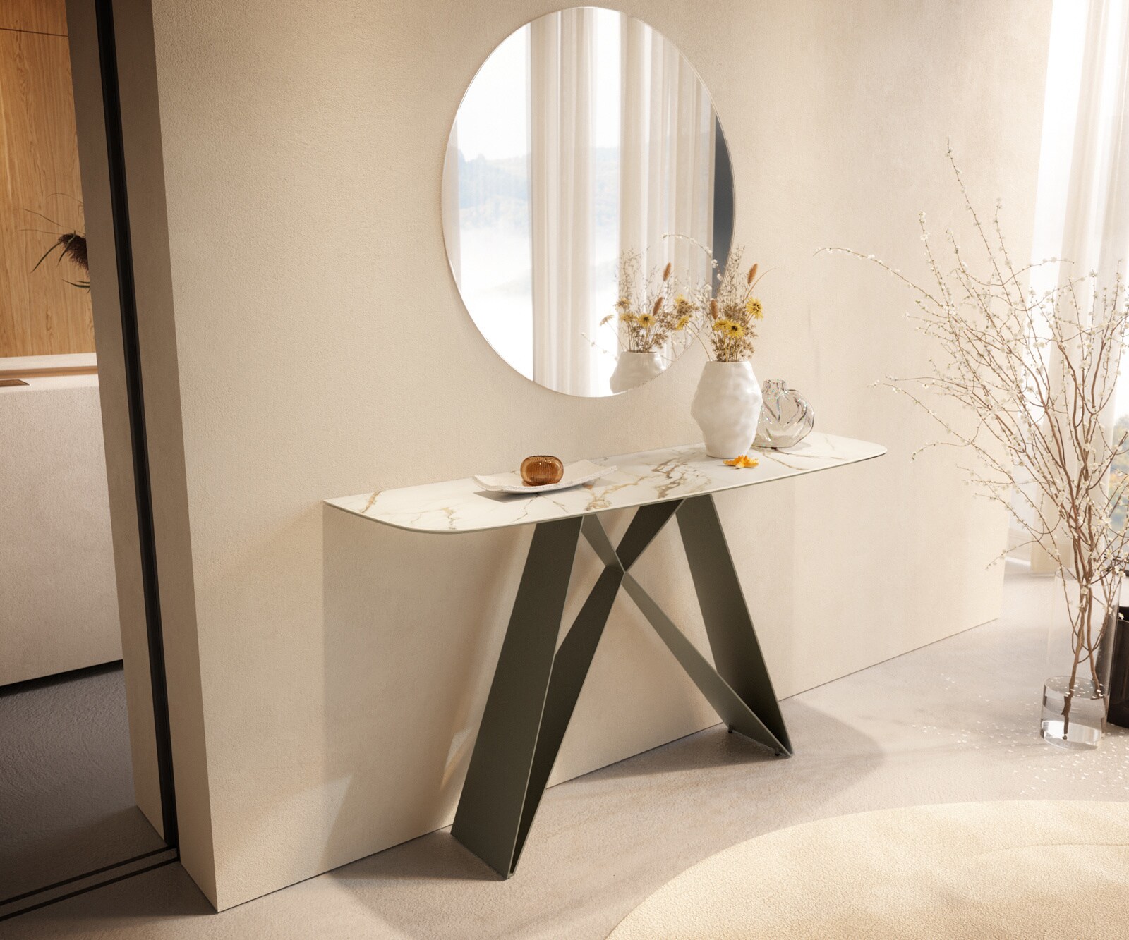 Konsolentisch Edge Boot 140x40 cm Keramik Calacatta Luxe Weiß-Gold-Grau Velio Metall Effektfinish Titan 4