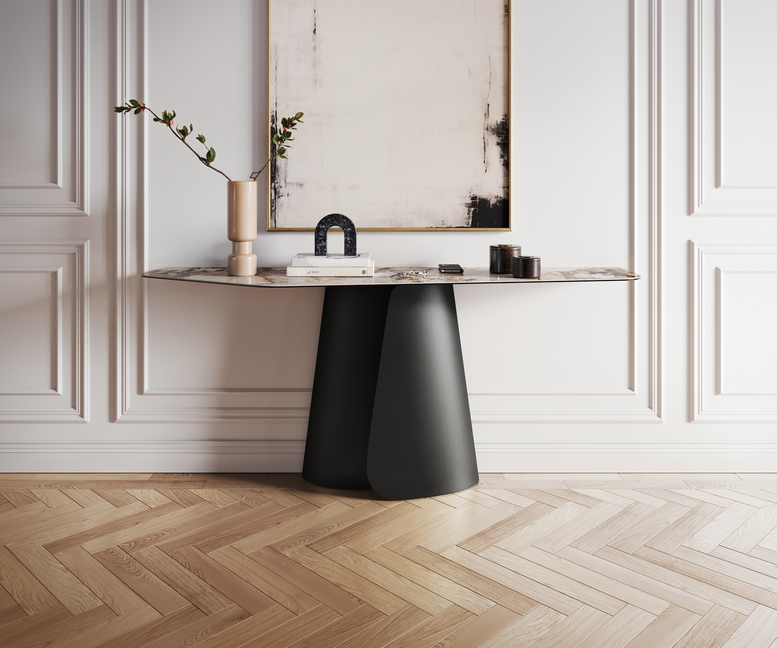 Konsolentisch Edge Polygonal 180x50 cm Keramik Patagonia Poliert Livos Metall Schwarz 3