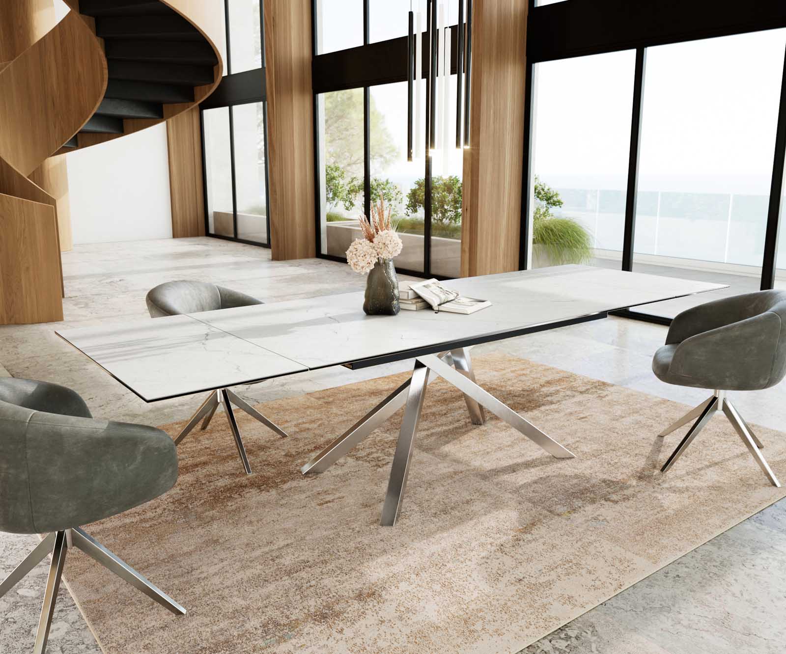 Esszimmertisch Edge Keramik Laminam®Statuarietto Weiß 200-300x100 Kreuzgestell Rechteck Edelstahl ausziehbar