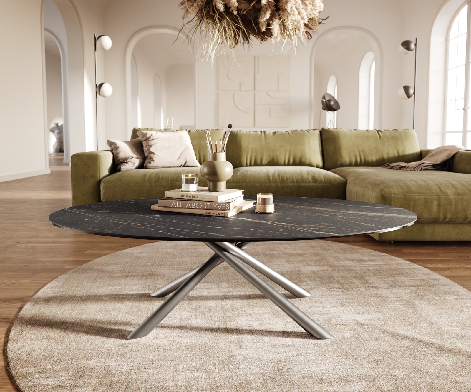Couchtisch Edge Oval 140x80 cm Keramik Laminam® Noir Desir Braun Sarity Edelstahl gebürstet 1