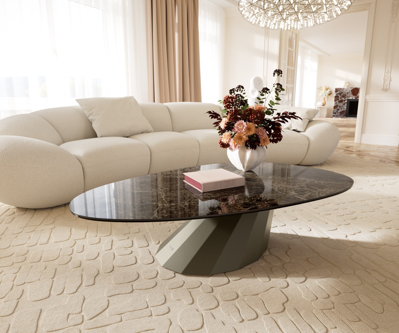Couchtisch Edge Oval 140x75 cm Keramik Emperador Extra Lucidato Dunkelbraun Parabi Metall Effektfinish Titan