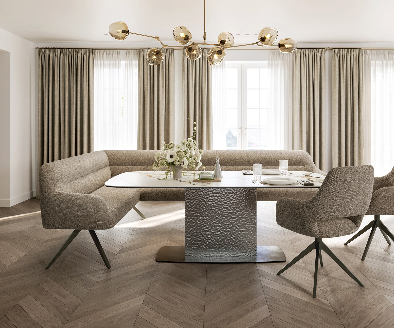 Esszimmerbank Taya-Flex 285x190 cm Bouclé Schlamm Kreuzgestell kantig Effektfinish Titan Taschenfederkern Rechts 2