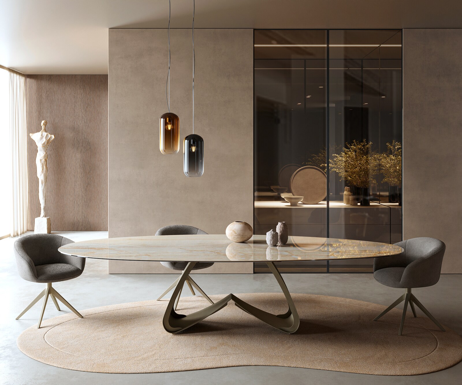 Esstisch Edge Oval 315x150 cm Keramik Iris FMG Onice Oro W-Gestell Metall Effektfinish Titan 1