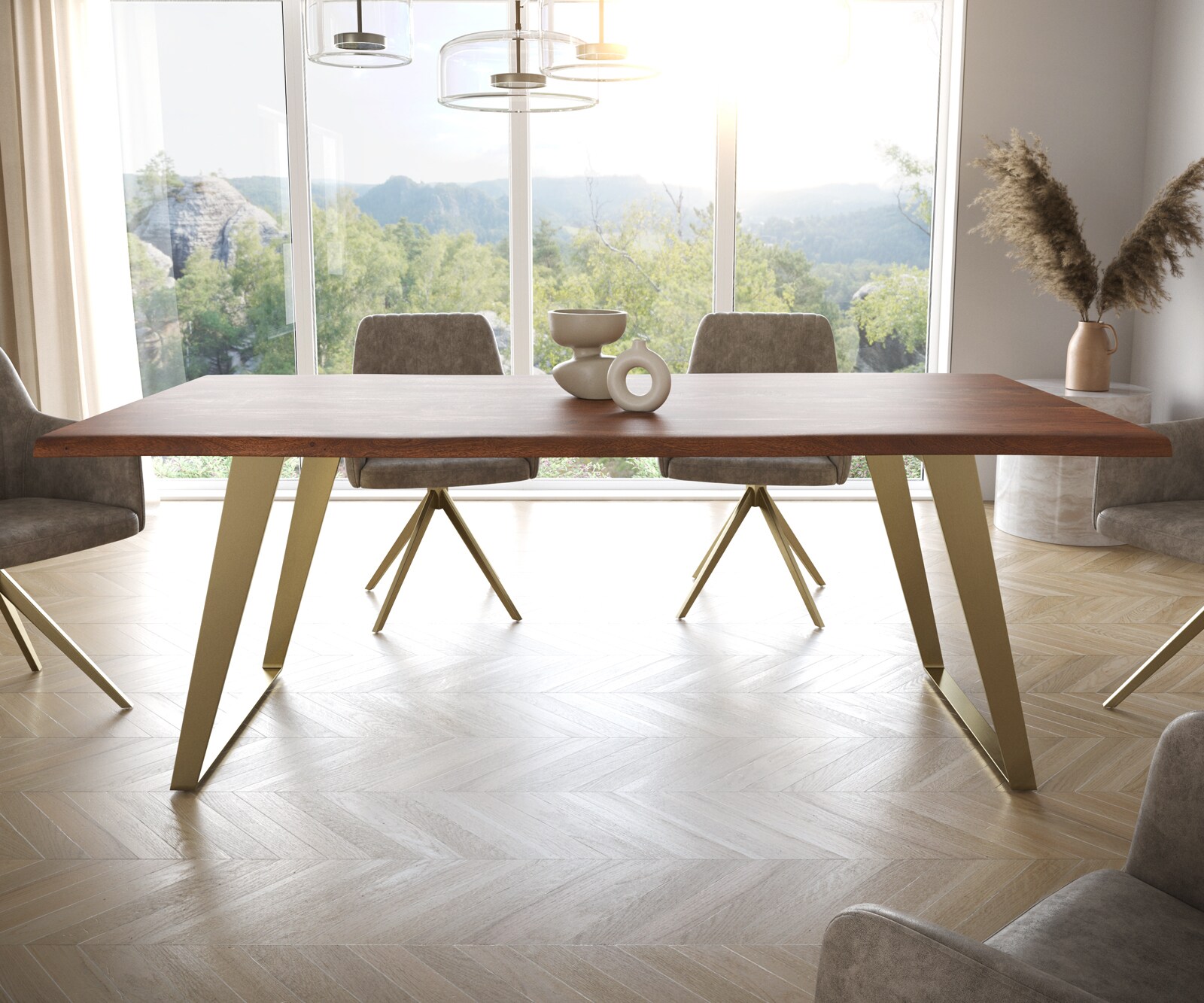 Esstisch Edge 200x100 Akazie Braun Edelstahl Gold Schräg Live-Edge 2