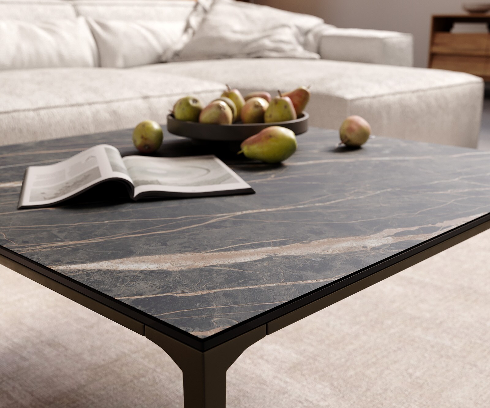 Couchtisch Levente 85x85 cm Keramik Laminam® Noir Desir Braun Gestell Metall Effektfinish Titan 5