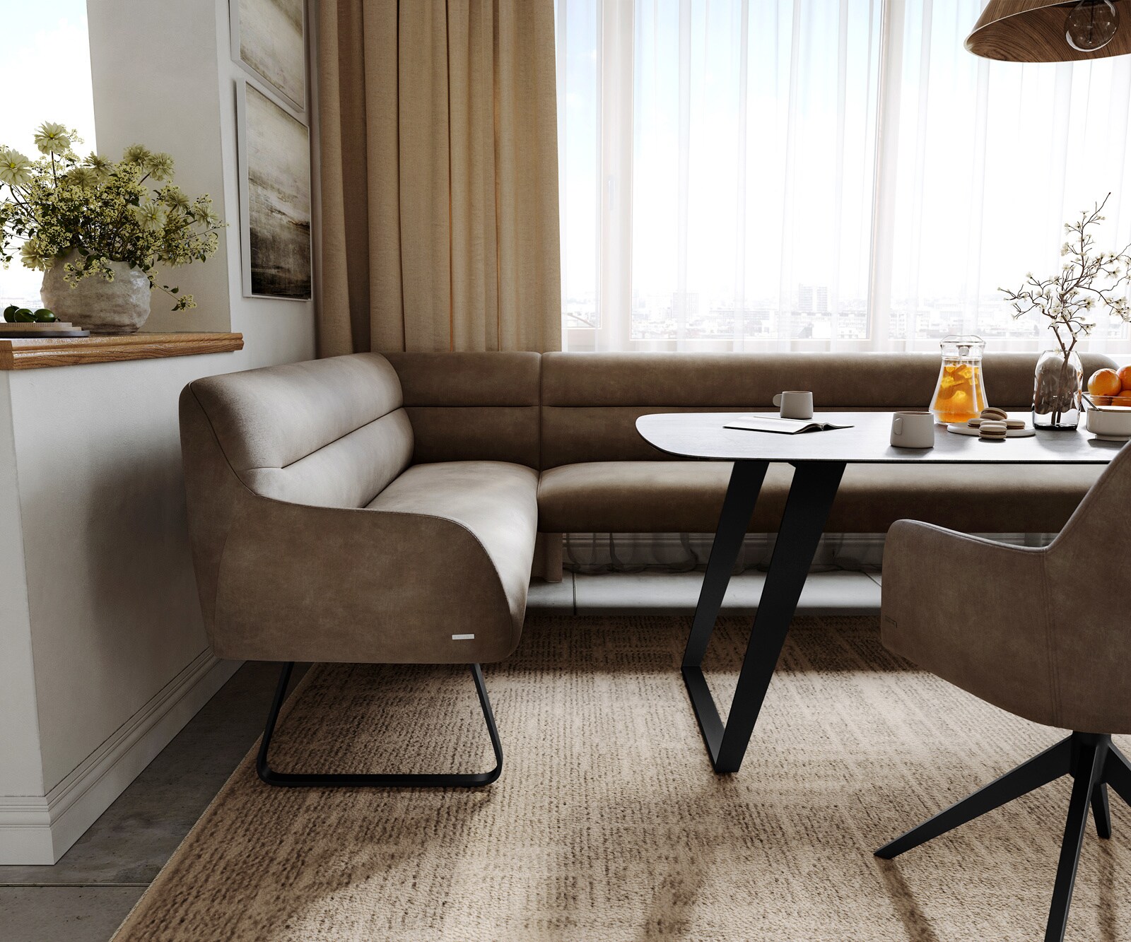 Esszimmerbank Taya-Flex 285x190 cm Mikrofaser Taupe Vintage Kufengestell flach Schwarz Taschenfederkern Rechts 4