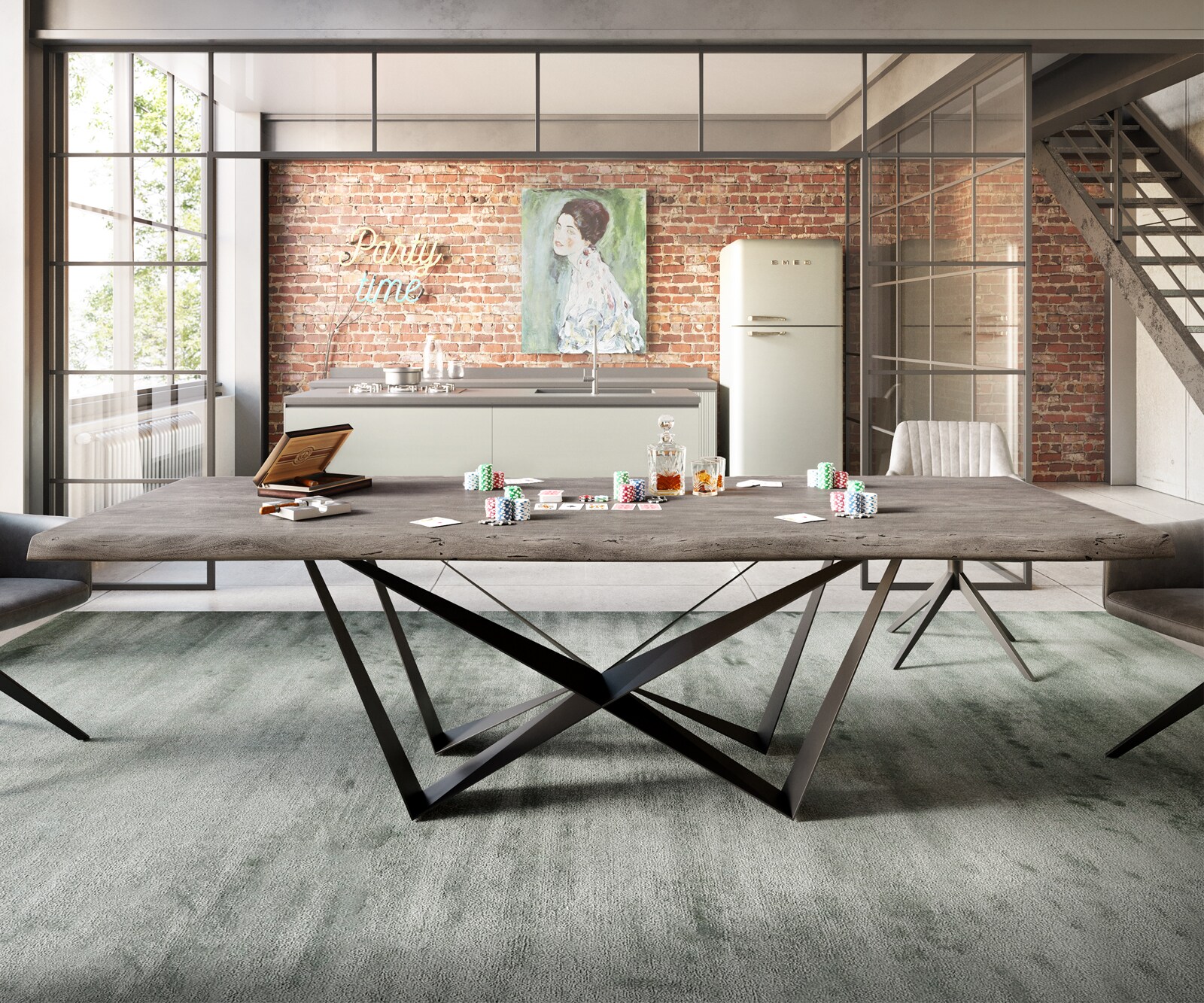 Esstisch Edge 260x100 XL Akazie Platin Spider Flachstahl Schwarz Live-Edge 6