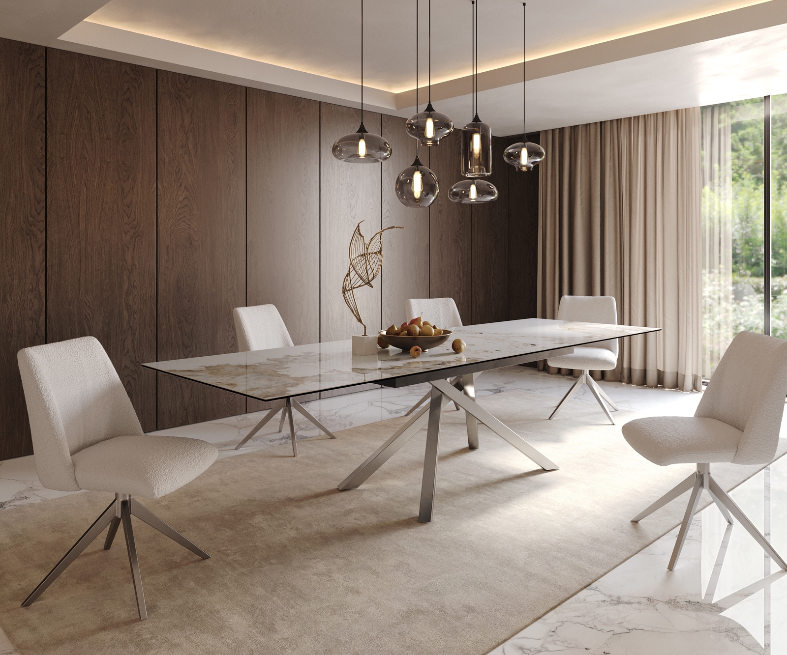 Esstisch Edge 200-300x100 Keramik Minas Melange Weiß-Beige Kreuzgestell Rechteck Edelstahl ausziehbar 8