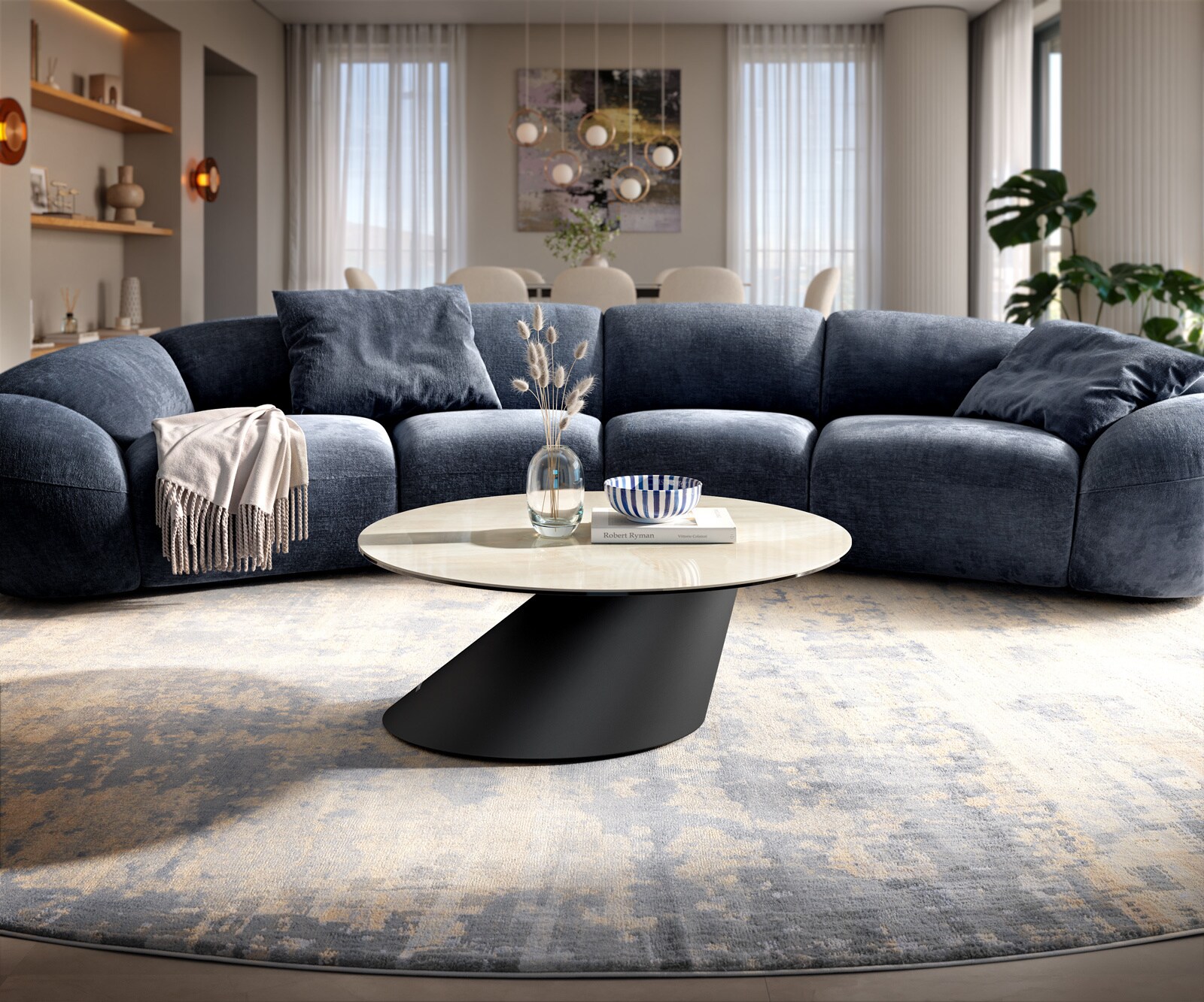 Couchtisch Edge Rund 90x90 cm Keramik Onyx Champagne Conis Metall Schwarz 1
