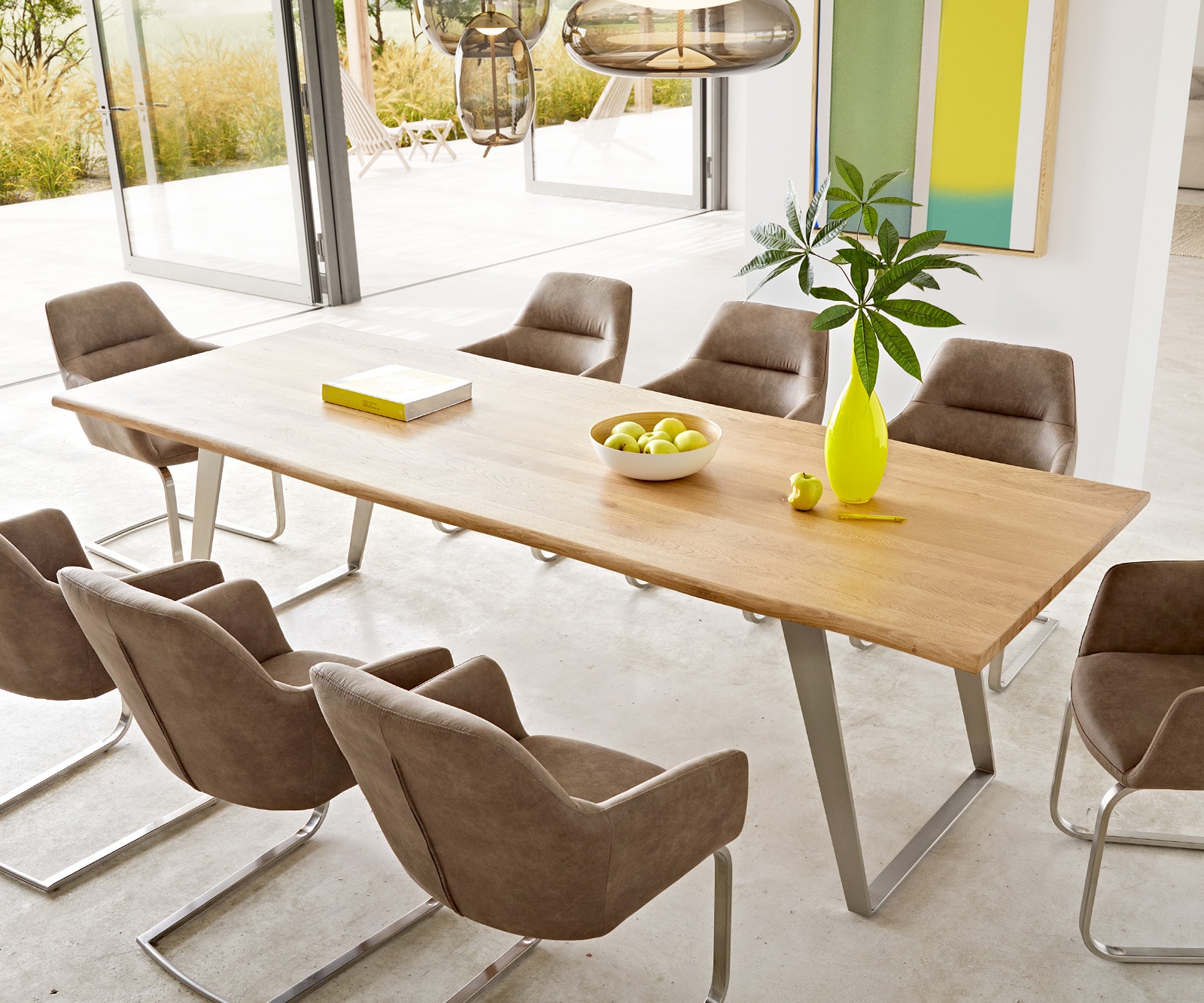Esstisch Edge 260x100x2,5 Eiche Natur Edelstahl Schräg Live-Edge