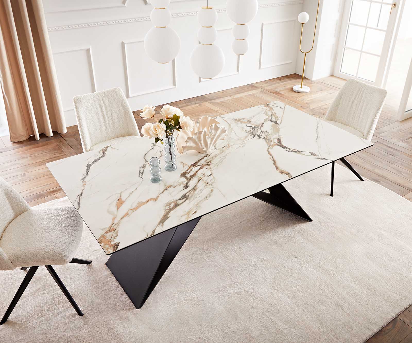 Esstisch Edge 200x100 Keramik Calacatta Luxe Weiß-Gold-Grau V-Gestell Flachstahl Schwarz 5