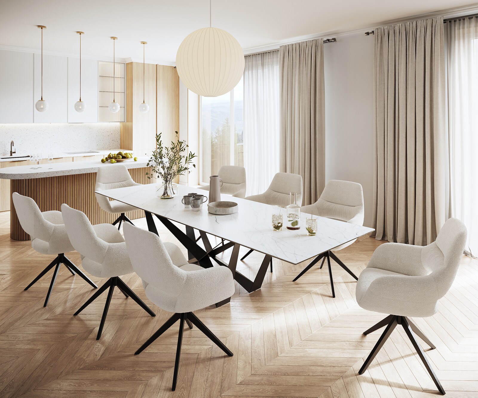 Esstisch Edge 300x100cm Keramik Laminam®Statuarietto Weiß Mittelfuß Flachstahl Schwarz 6