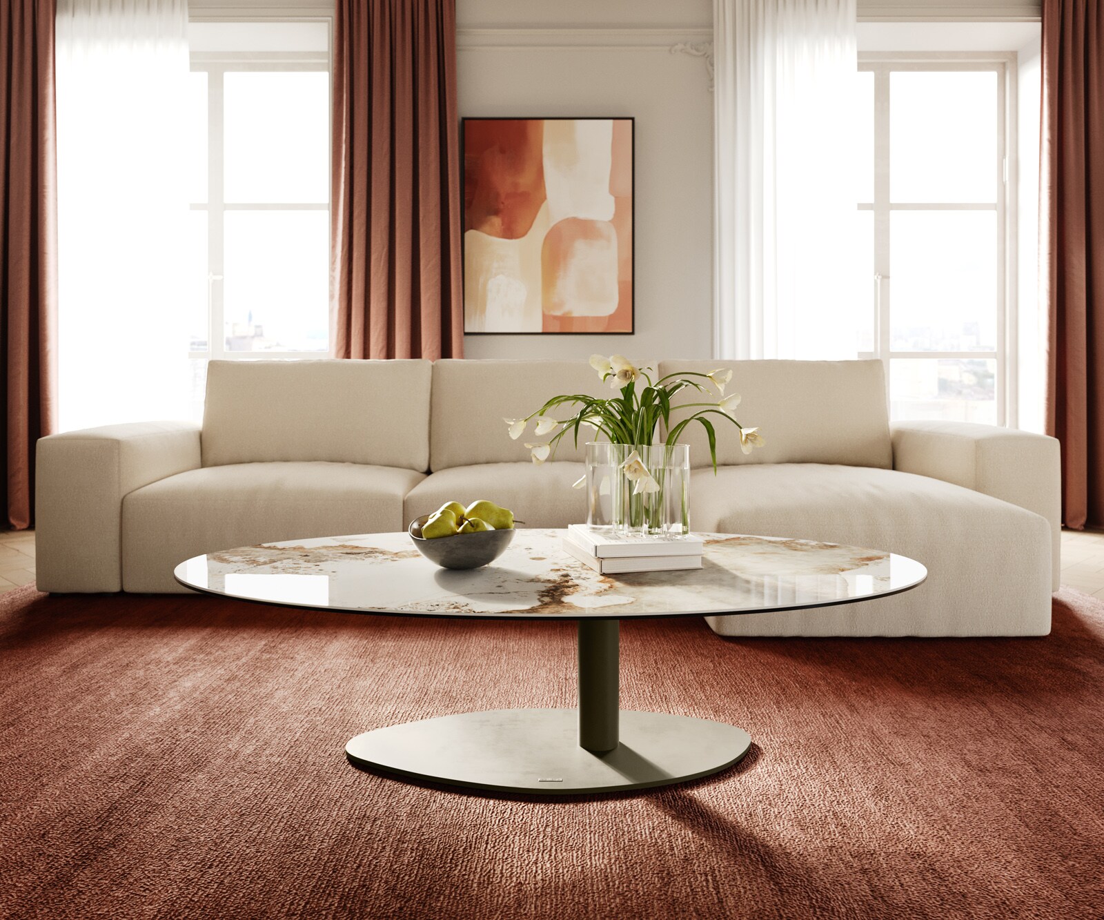Couchtisch Edge Oval 140x80 cm Keramik Minas Melange Vibany Metall Effektfinish Titan 2