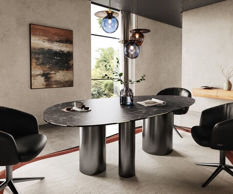 Esstisch Edge Oval 220x120 Keramik Laminam® Nero Greco Anthrazit Troa Edelstahl Graphit