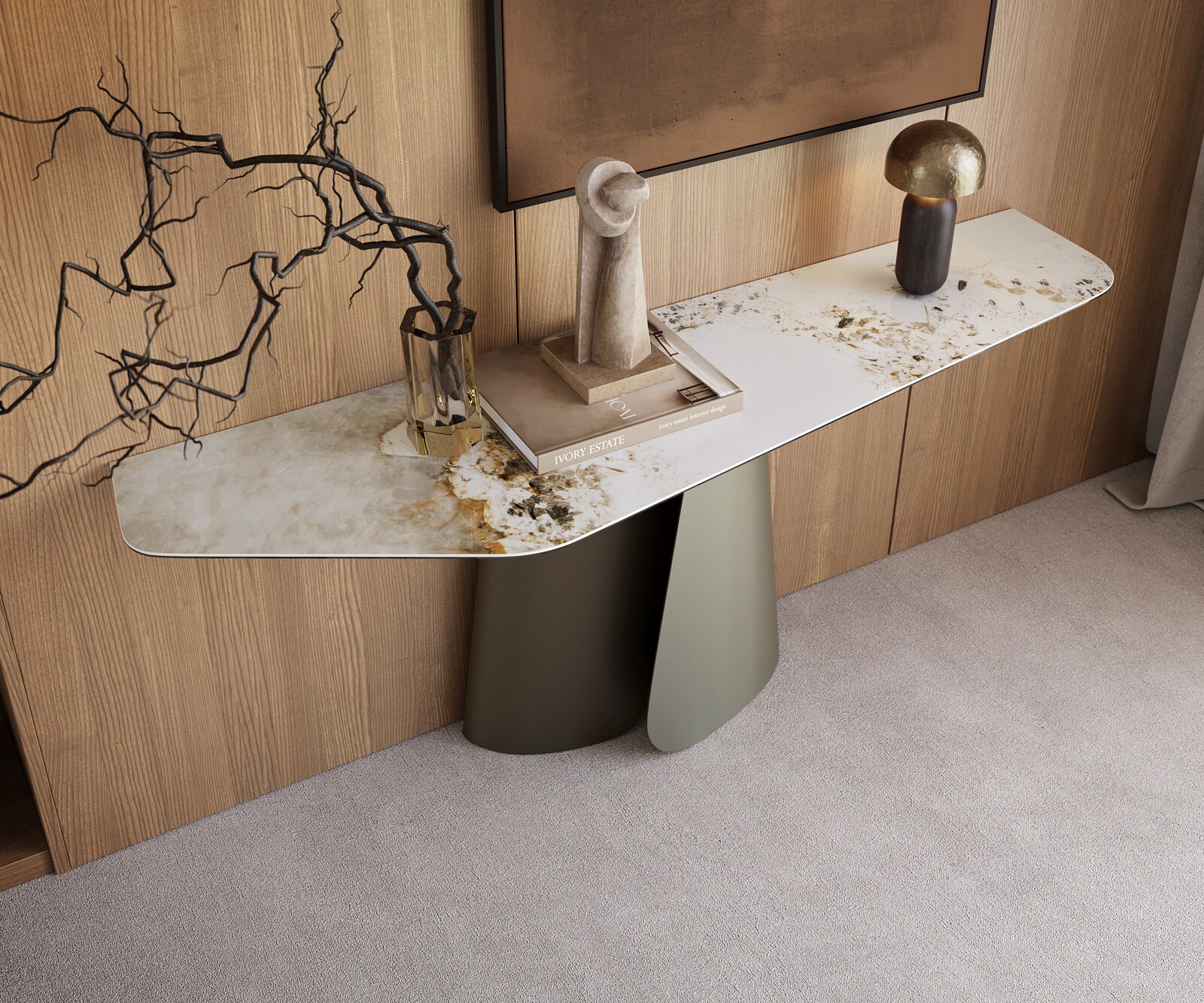Konsolentisch Edge Polygonal 180x50 cm Keramik Minas Melange Weiß-Beige Livos Metall Effektfinish Titan 1