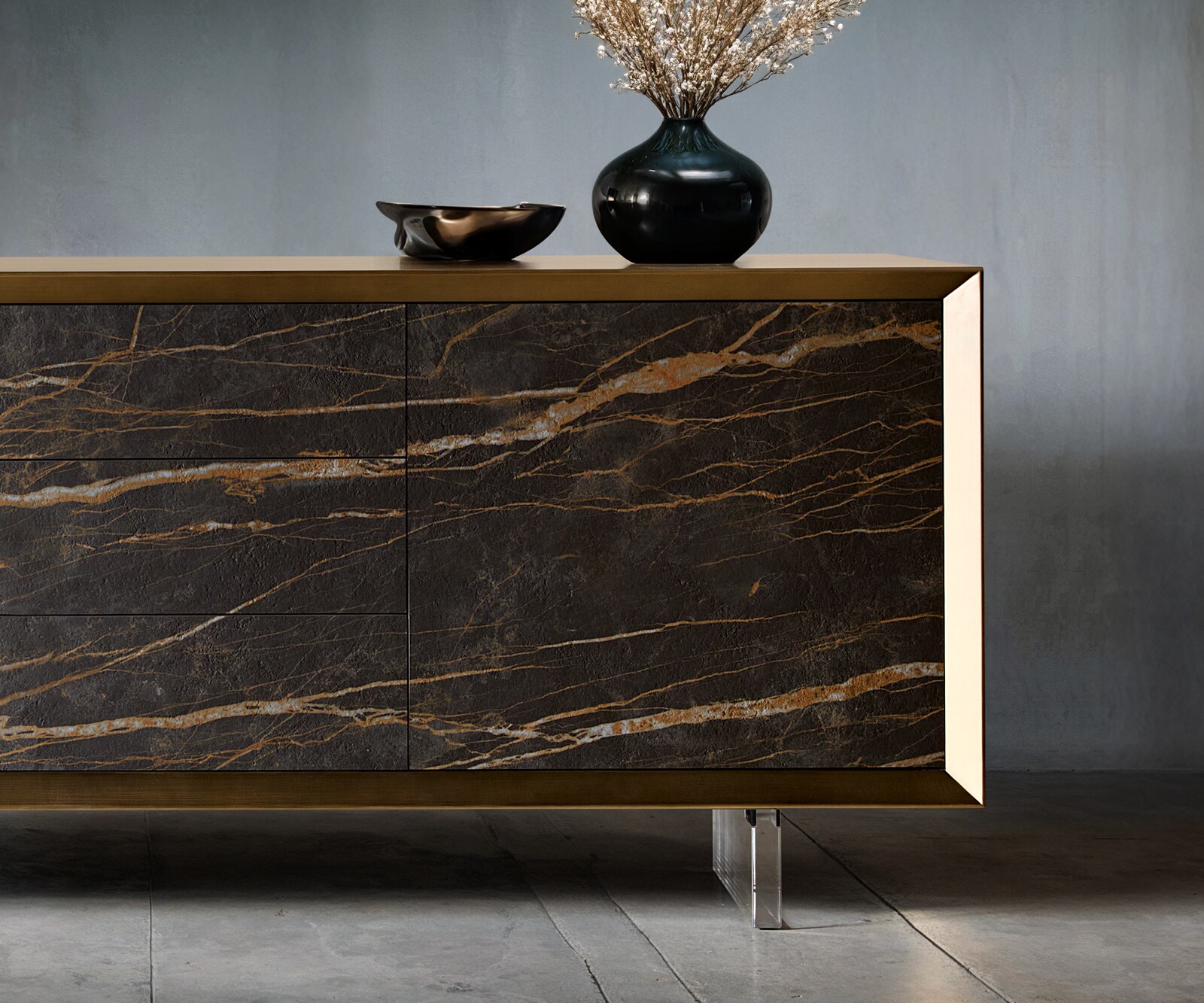 Sideboard Yori 200 cm Metallic Gold 2 Türen 3 Schubladen Acrylfuß Keramik Laminam®Noir Desir Braun 3