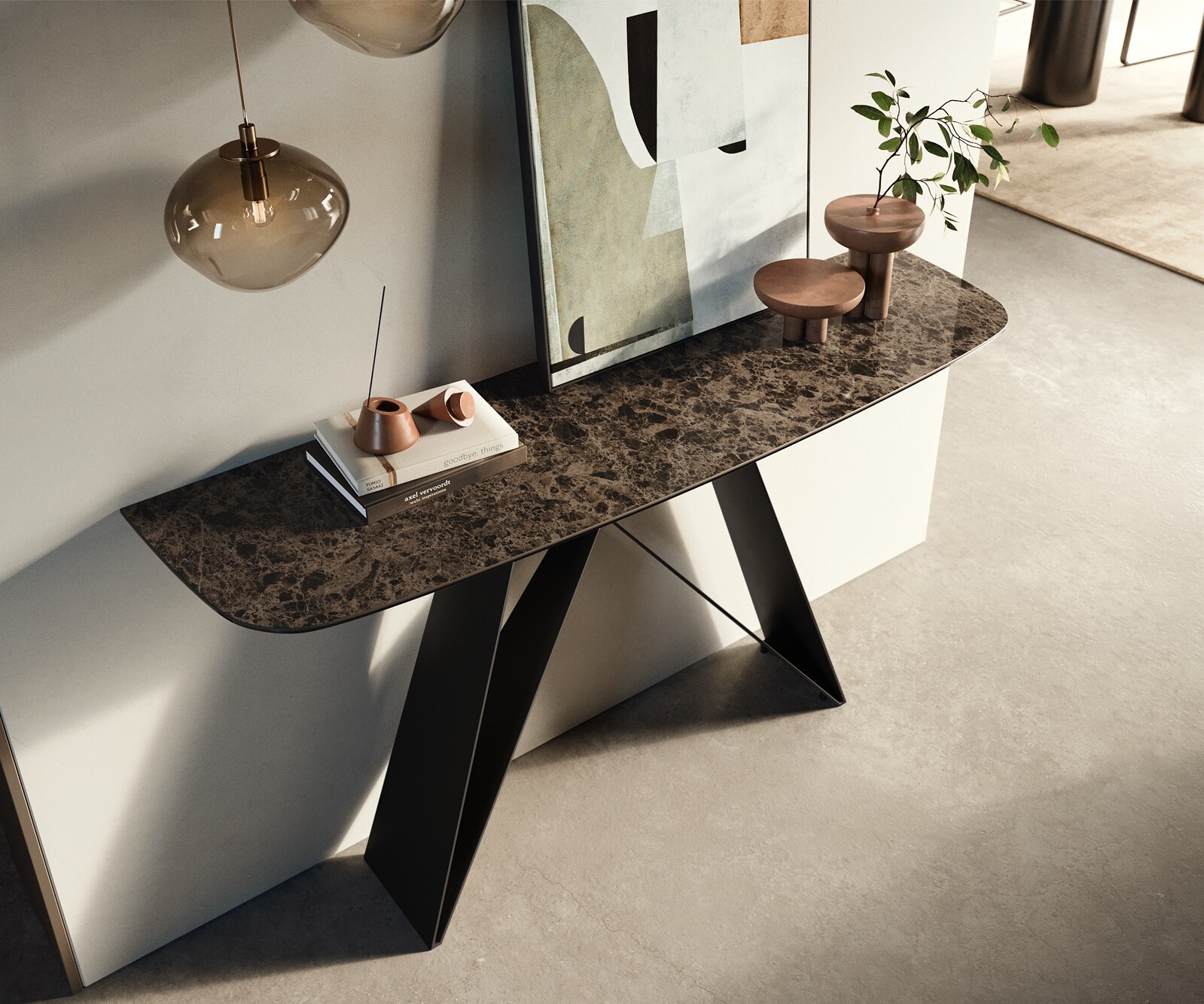 Konsolentisch Edge Boot 140x40 cm Keramik Emperador Extra Lucidato Dunkelbraun Velio Metall Schwarz 1