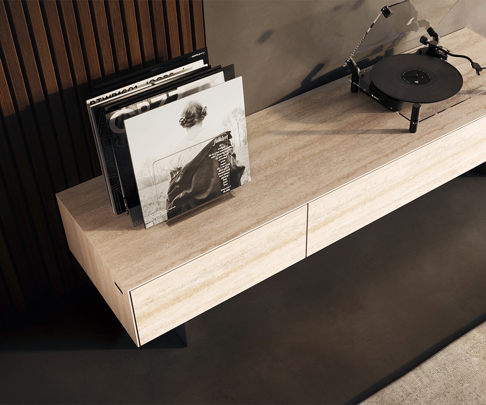 Lowboard Cuor 150 cm Keramik Laminam® Travertino Bianco Creme-Weiß 1 Klappe 1 Schubfach Fuß Schwebeoptik Edelstahl 3