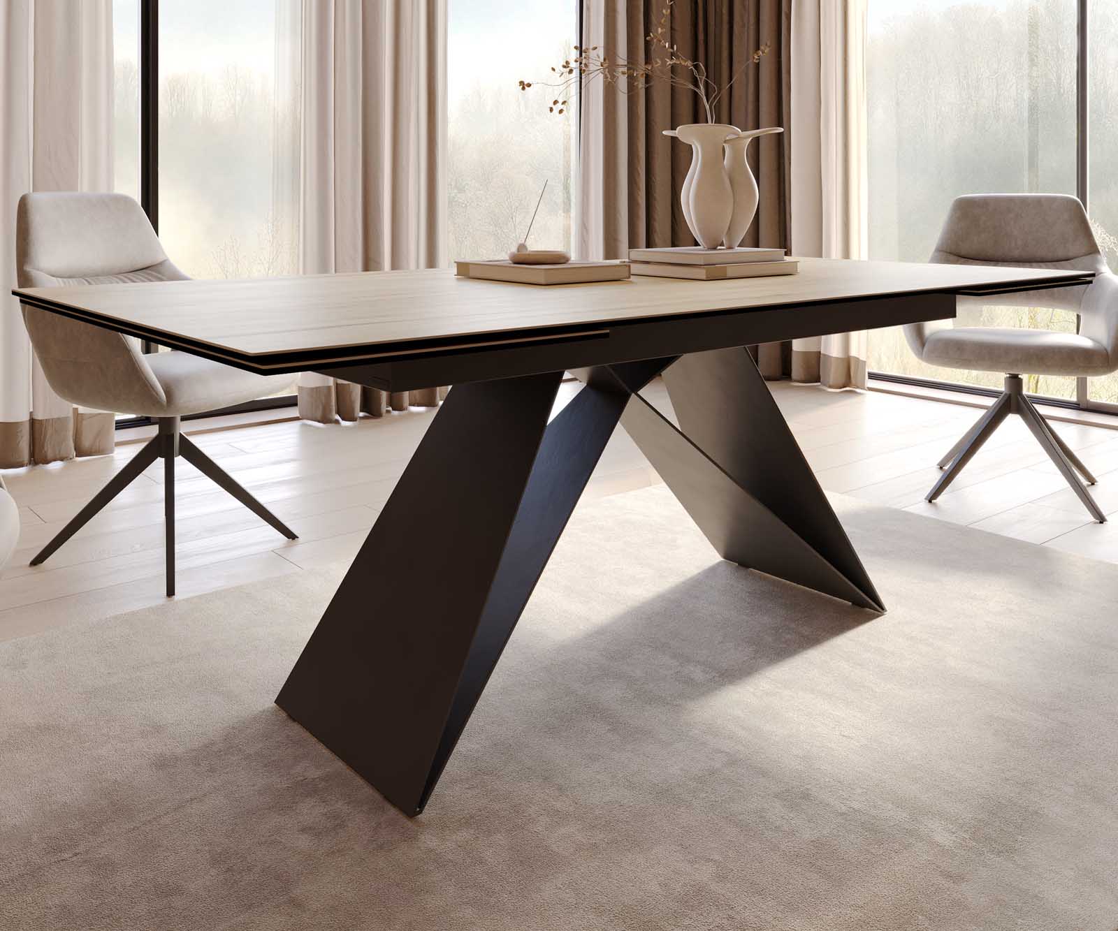 Esstisch Edge 200-300x100 Keramik Laminam® Sabbia Eichefarbig V-Gestell Flachstahl Schwarz ausziehbar 5