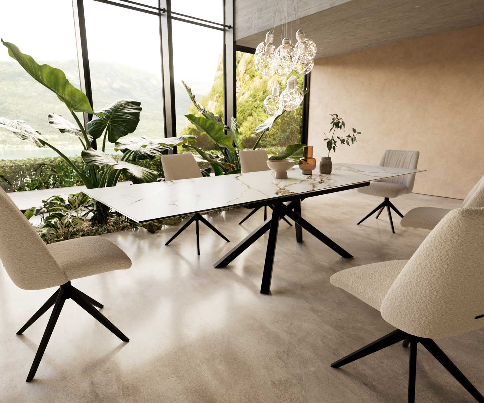 Esstisch Edge 200-300x100 Keramik Calacatta Luxe Weiß-Gold-Grau Kreuzgestell Rechteck Schwarz ausziehbar Esstisch Edge 200-300x100 Keramik Calacatta Luxe Weiß-Gold-Grau Kreuzgestell Rechteck Schwarz ausziehbar