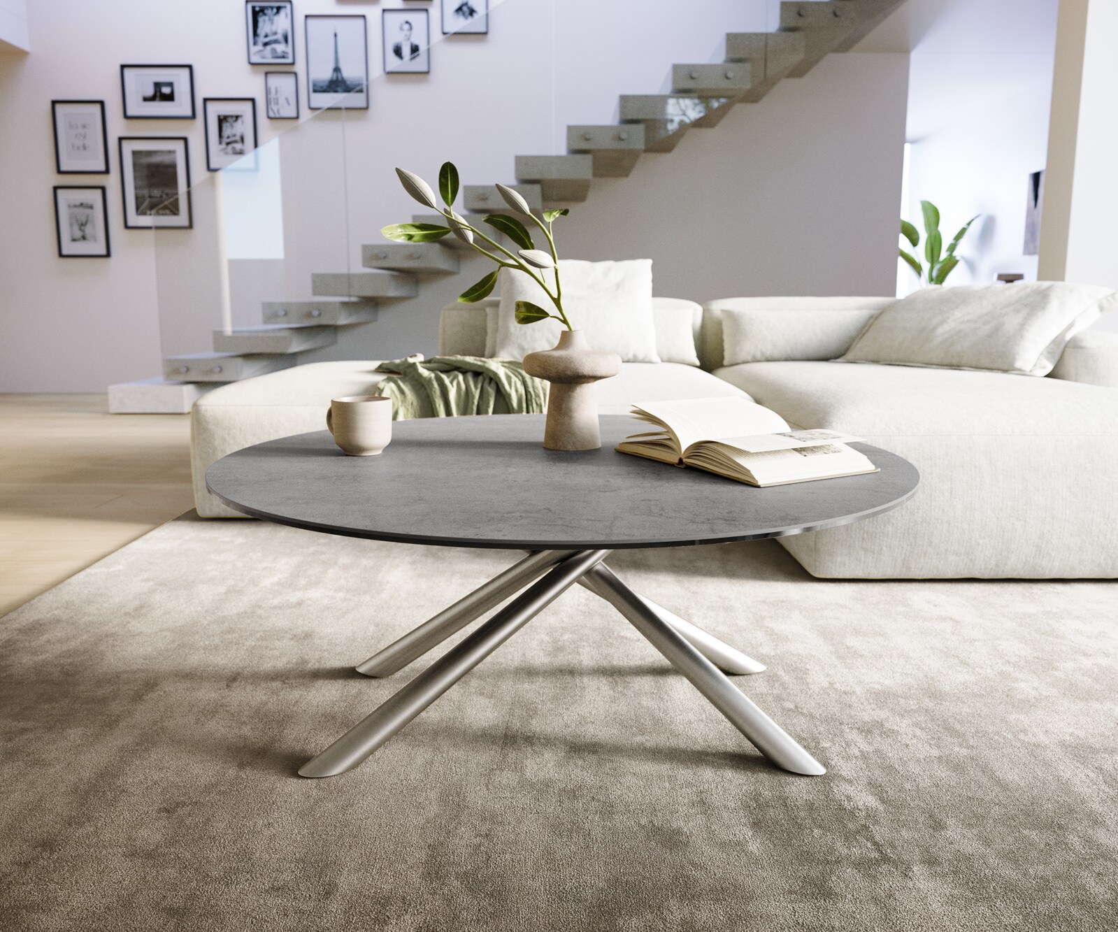 Couchtisch Edge Rund 100x100 cm Keramik Beton Grau Sarity Edelstahl gebürstet 1