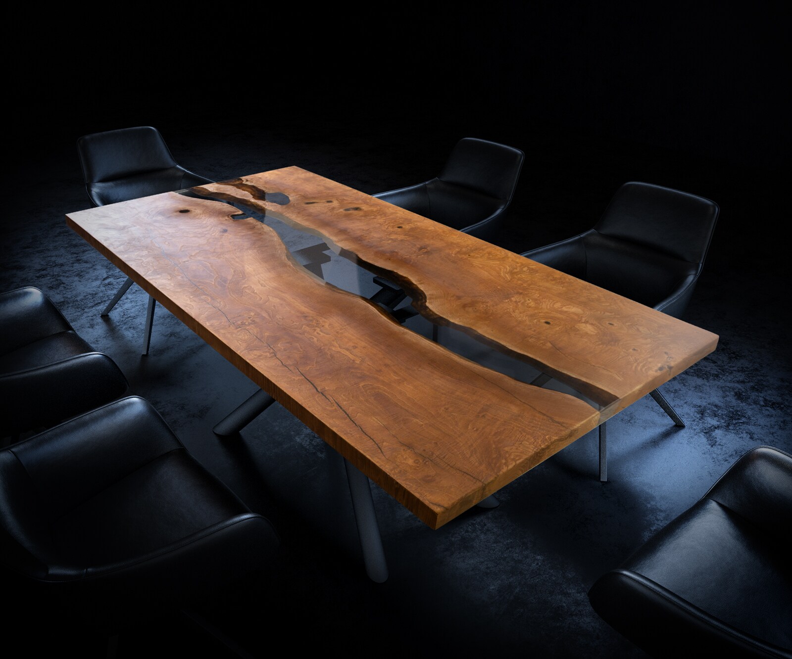 Tischplatte Esche Braun 200 cm Epoxid Schwarz-Transparent Unikat Nr. 32330