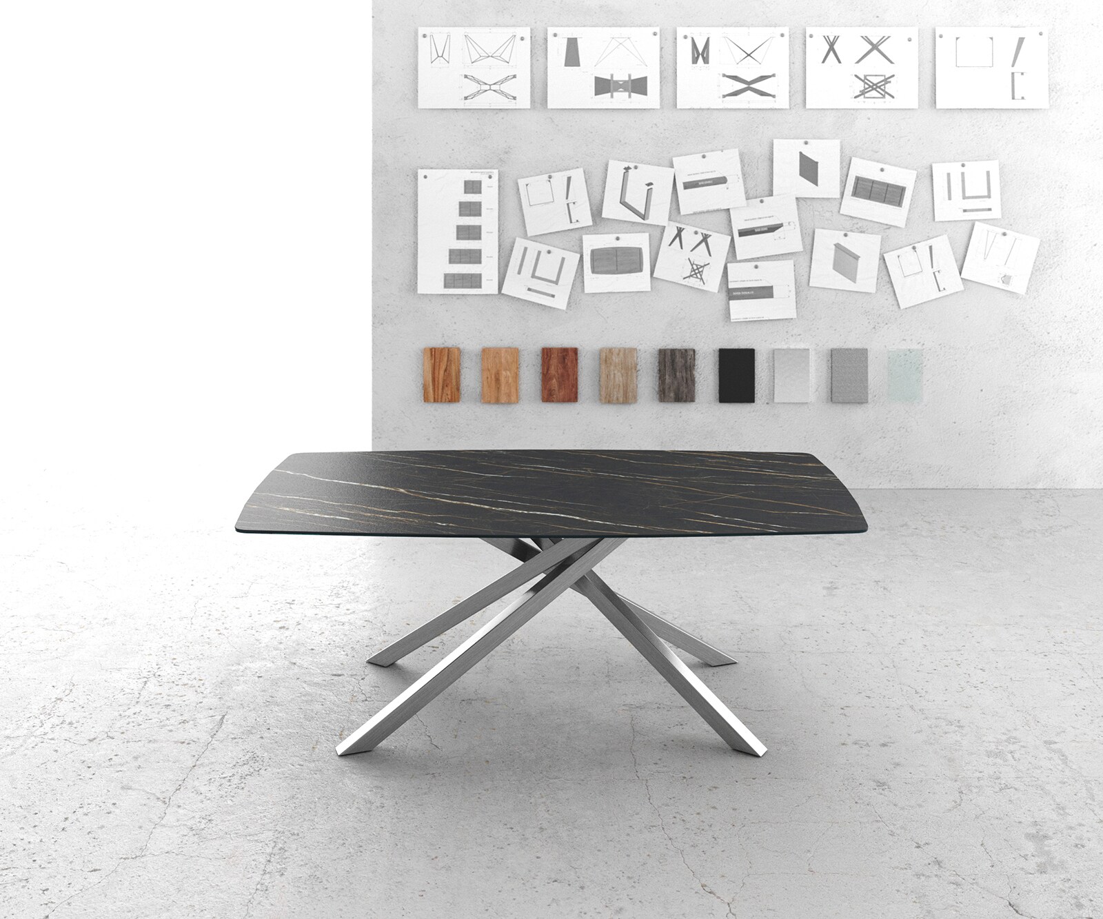 Esstisch Edge Bootsform 200x100cm Laminam® Keramik Noir Desir Braun Kreuzgestell Rechteck Edelstahl 1